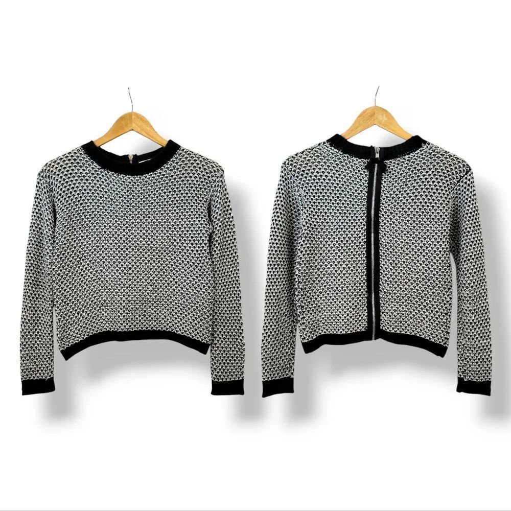 Rewind Full Zip Back Crewneck Longsleeve Sweater in Black/White/Metallic Size XS